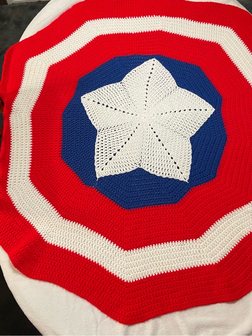 Handmade Patriotic Star Crochet Throw Shield Red, White & Blue